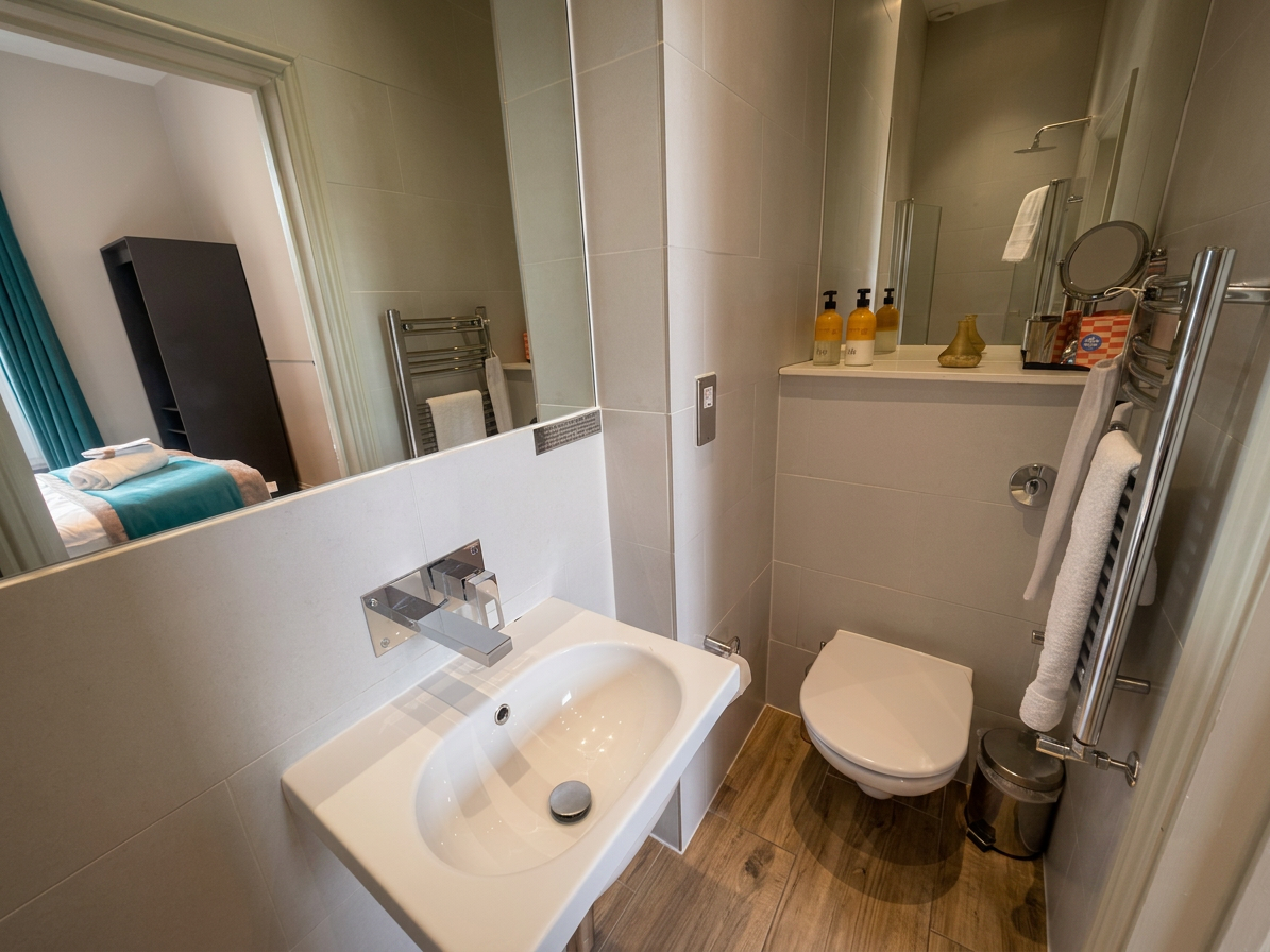 Hastings House Bedroom 2 ensuite — grey tiles, wall-hung basin and chrome heated towel rail