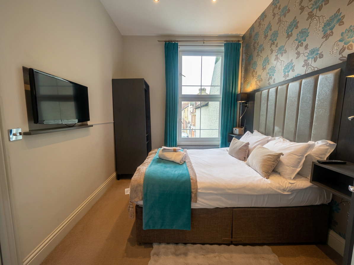 Hastings House Bedroom 2 — wide angle with smart TV and wardrobe