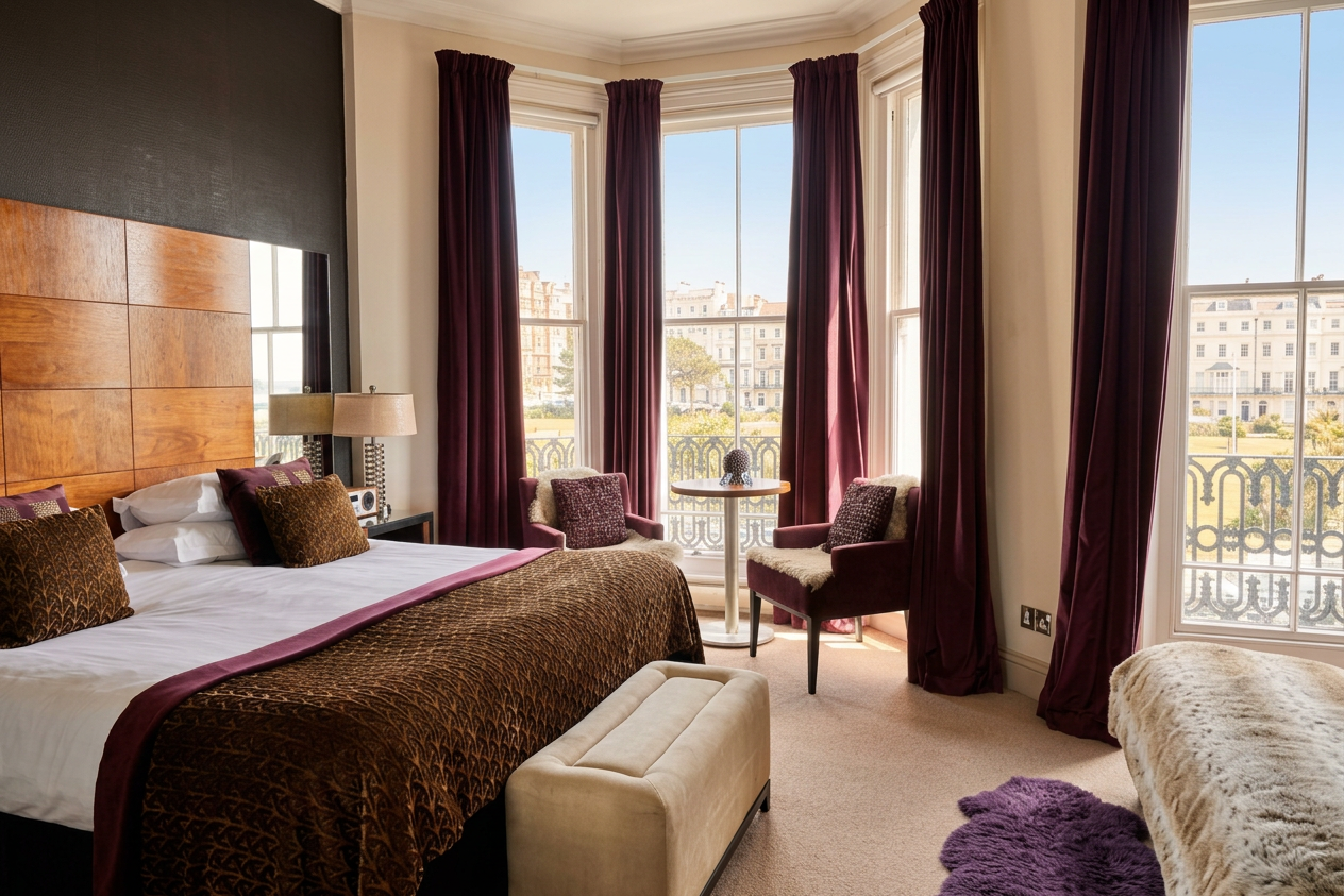 Hastings House Bedroom 3 — superking bed with bay window and sea views