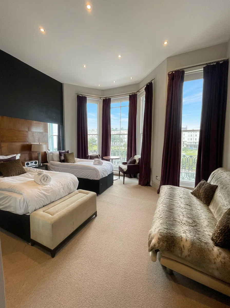 Hastings House Bedroom 3 — twin configuration with sofa and sea views