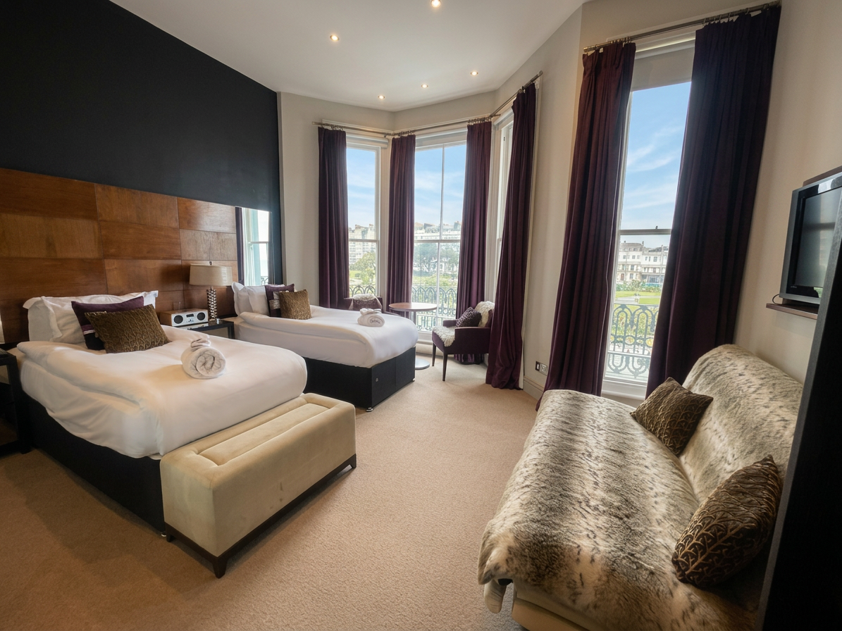 Hastings House Bedroom 3 — twin configuration showing full room with sofa and bay windows