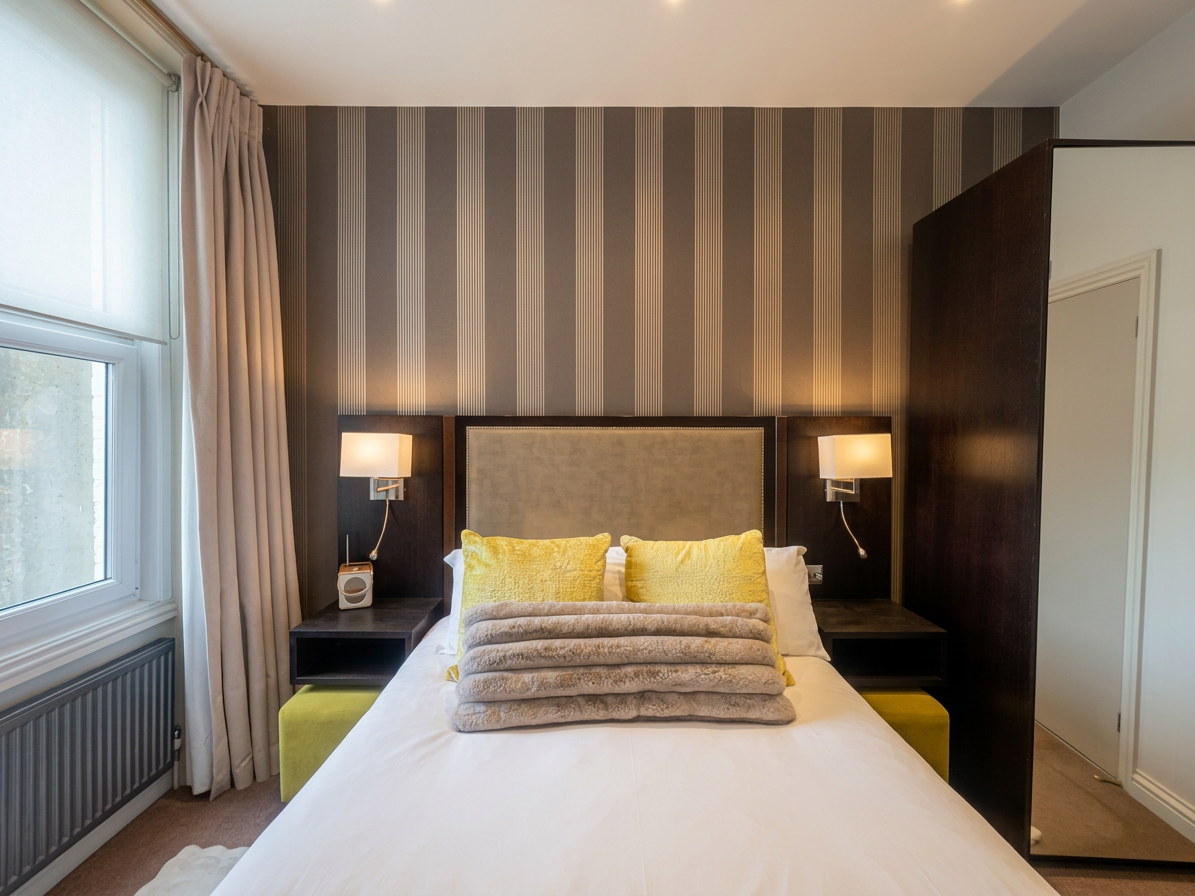 Hastings House Bedroom 4 — front-on view with yellow cushions and warm bedside lighting