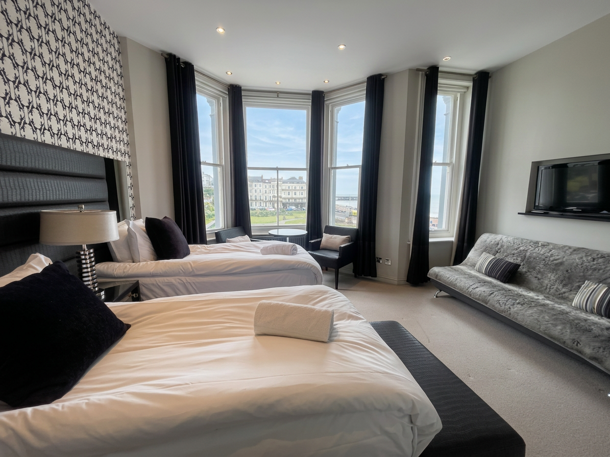 Hastings House Bedroom 5 — view from bedroom window across the seafront