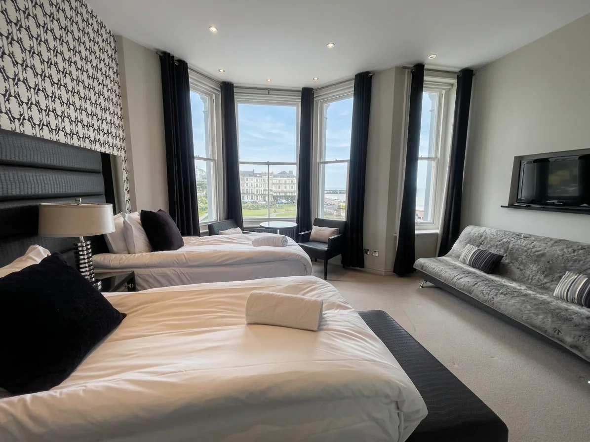 Hastings House Bedroom 5 — view from bedroom window across the seafront