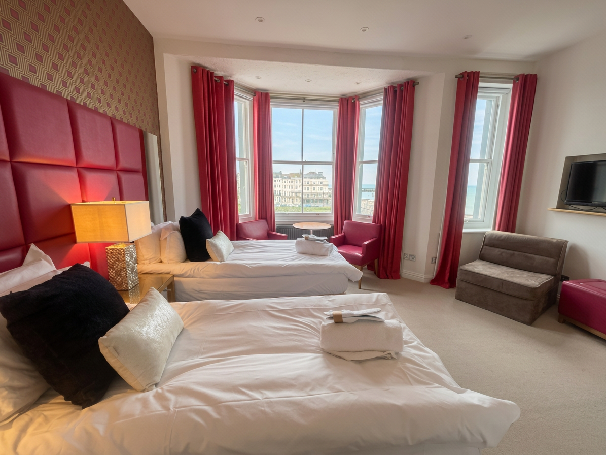 Hastings House Bedroom 7 — twin configuration, crimson headboard, sea views and TV