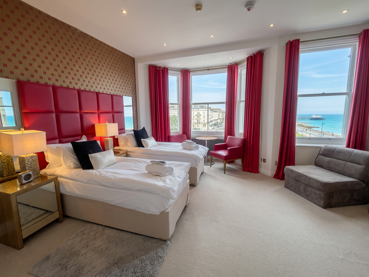 Hastings House Bedroom 7 — twin beds with red curtains and Hastings pier sea view