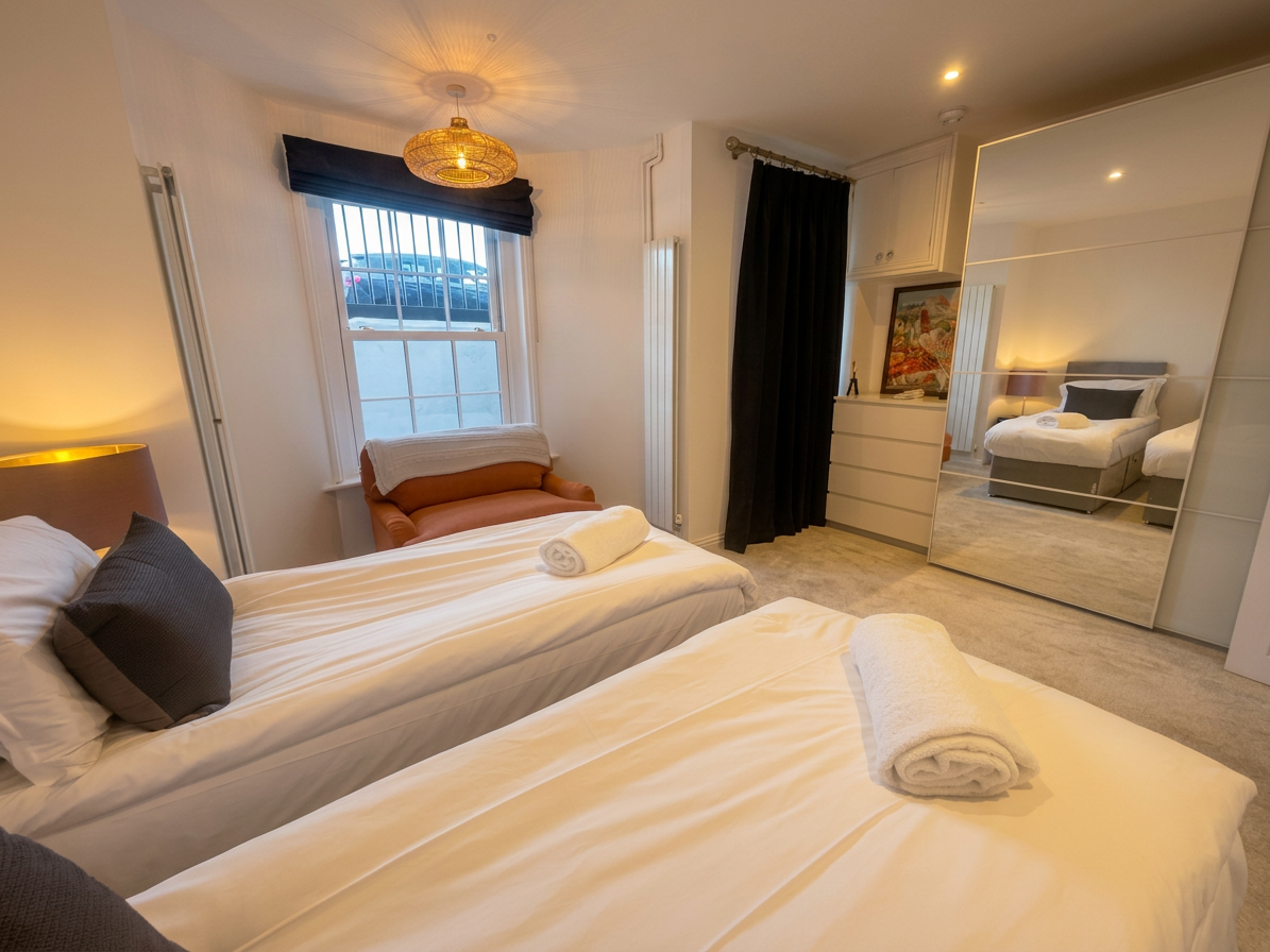 Hastings House Bedroom 8 — twin beds with mirrored wardrobe and hare lamp