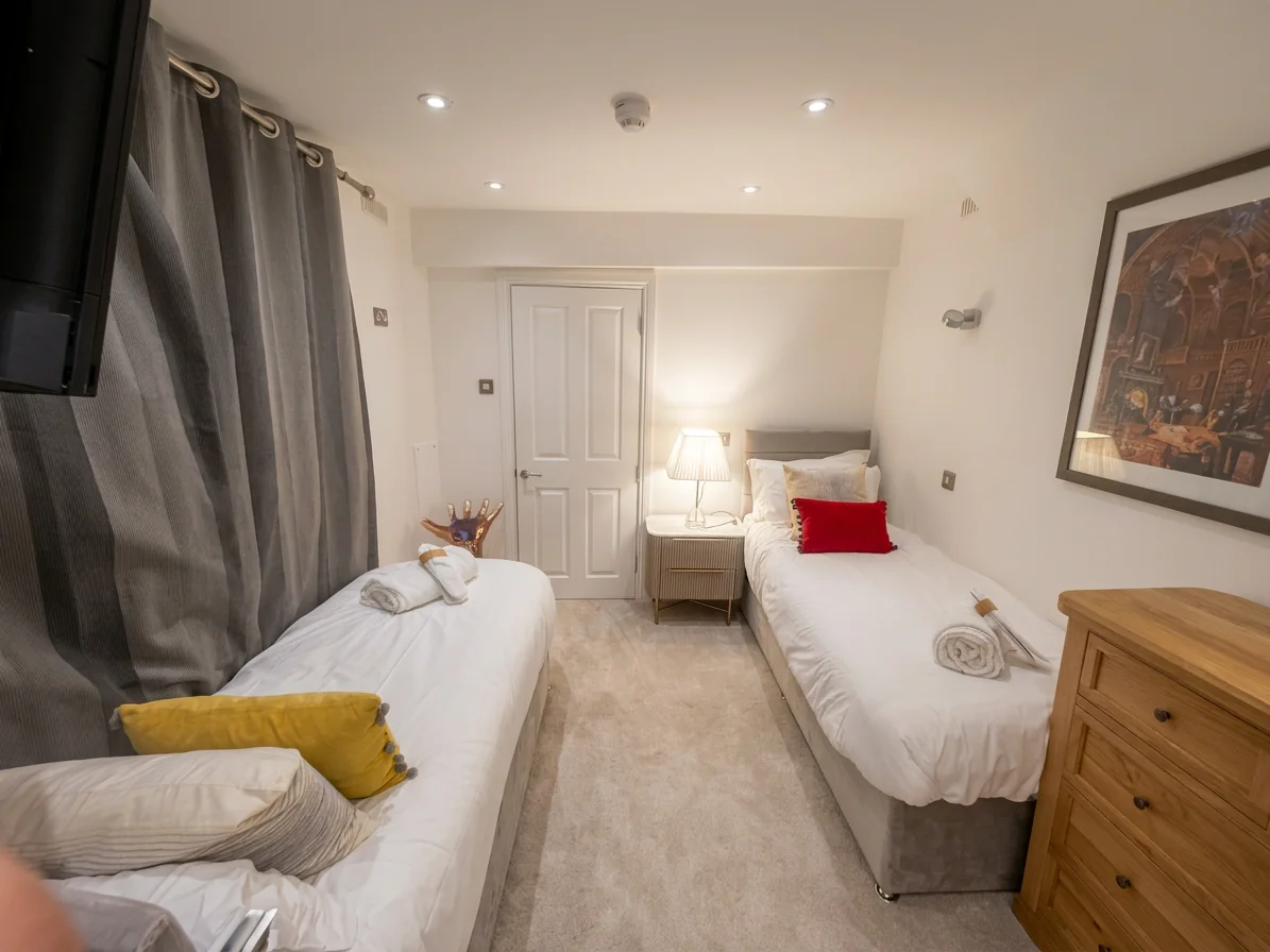 Hastings House Bedroom 9 — twin beds from foot showing TV and character artwork