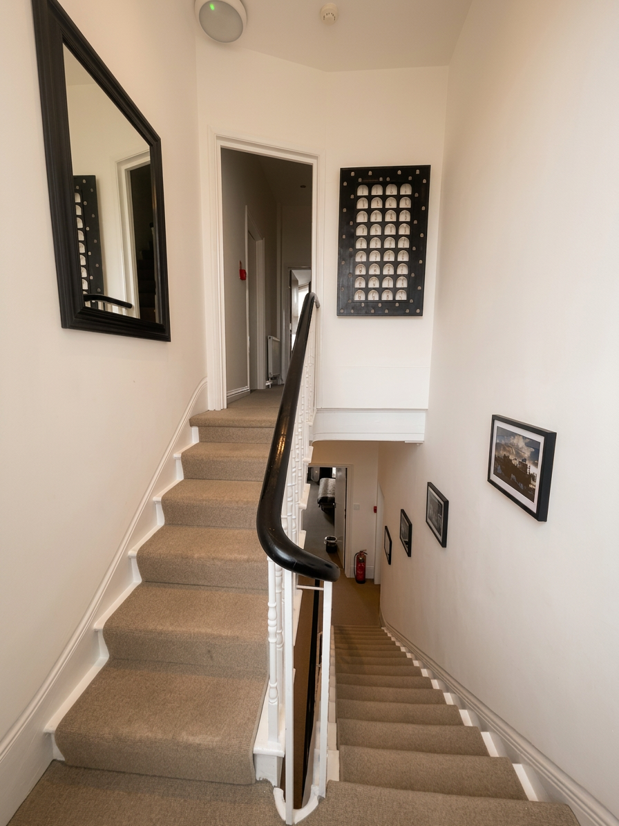 Hastings House upper landing with black handrail, framed photography and view to bedroom corridor