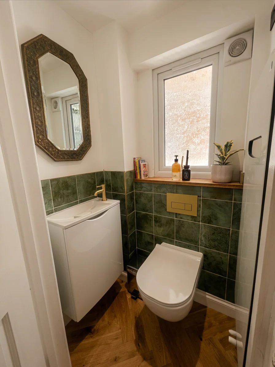 Hastings House ground floor WC with green tiles and gold fittings