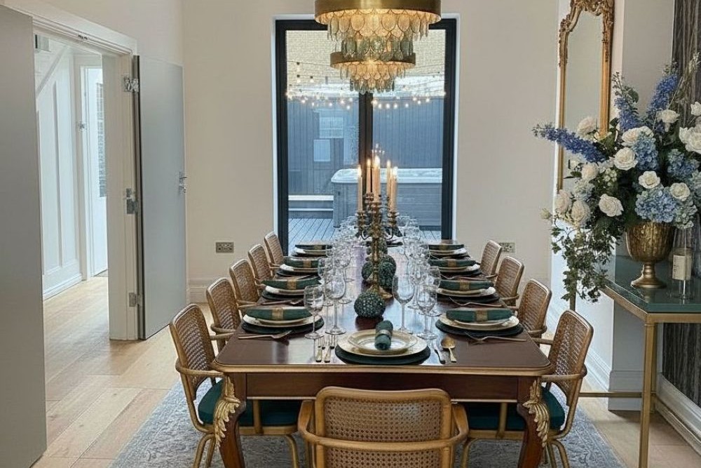 Hastings House dining room beautifully set for a celebration