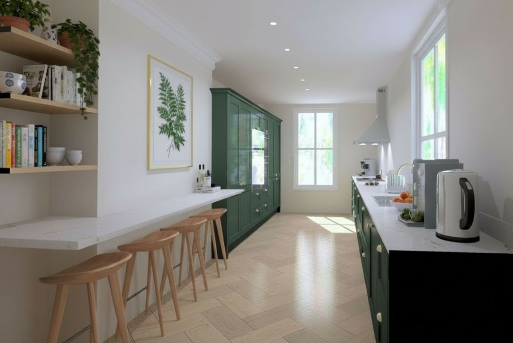 Hastings House kitchen with green cabinetry