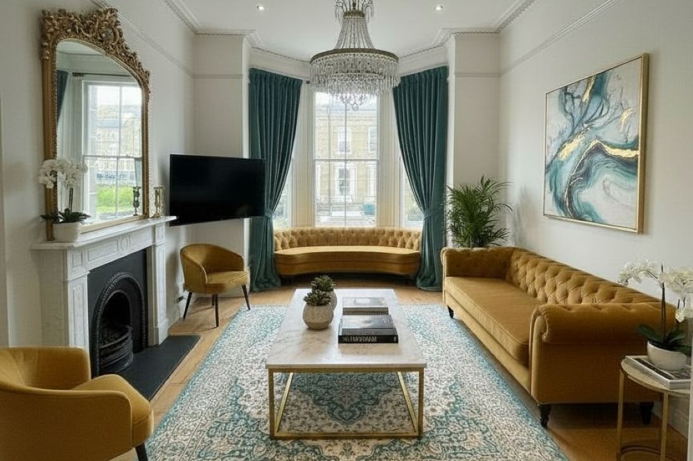 Hastings House lounge — elegant interior with chandelier and velvet sofas