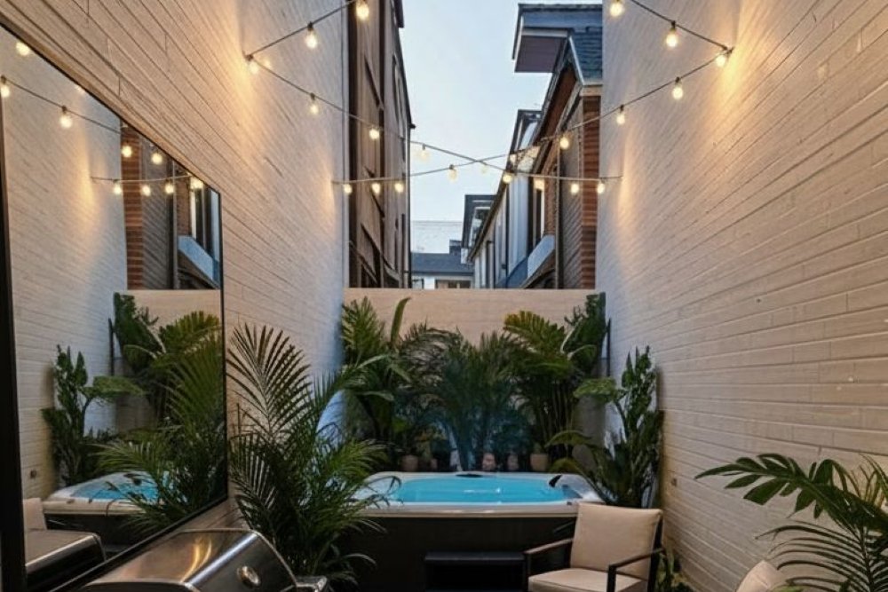 Hastings House hot tub at dusk with fairy lights