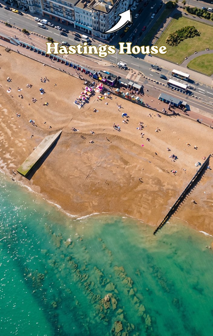 Aerial view of Hastings House directly opposite the beach