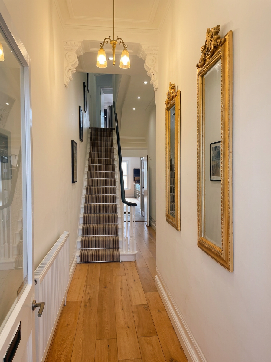 Hastings House entrance hallway with ornate arch and striped stair runner