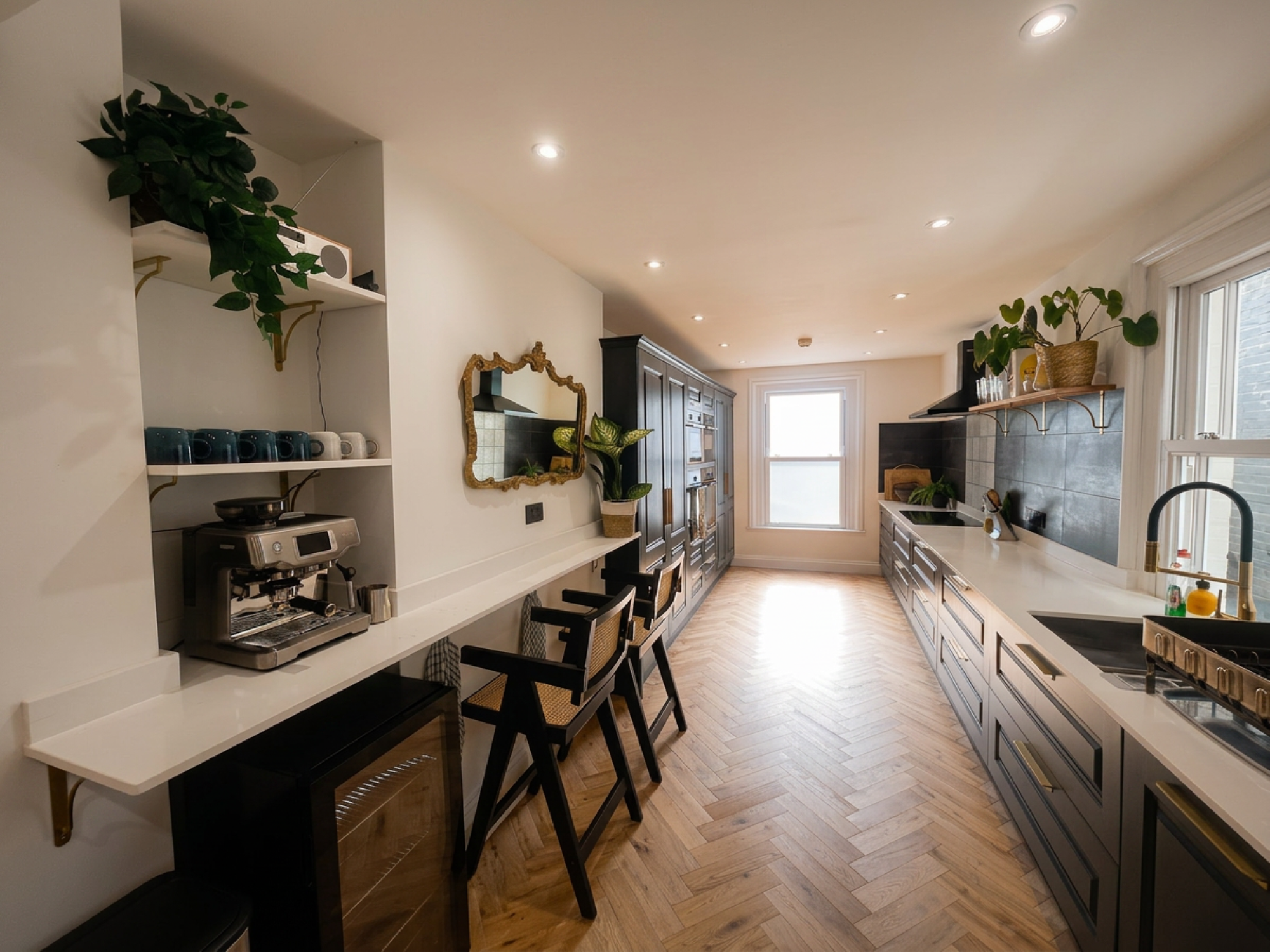 Hastings House kitchen with dark cabinetry and herringbone floor