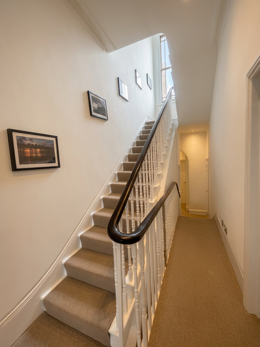 Hastings House landing with black handrail, taupe carpet and gallery of framed Hastings photographs
