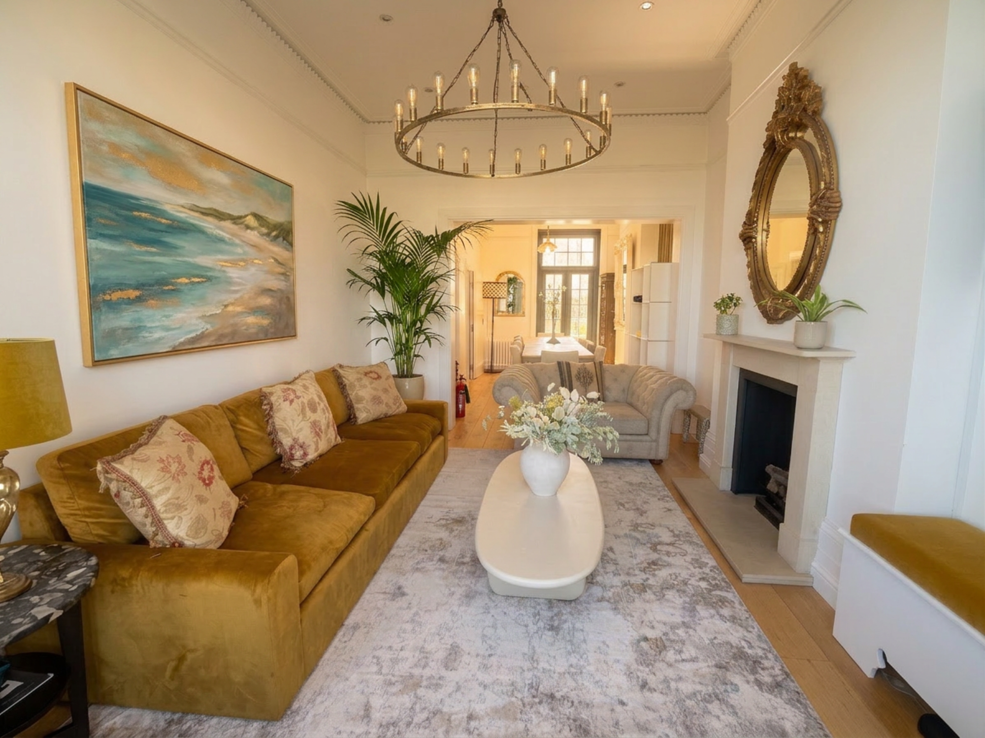 Hastings House lounge with chandelier