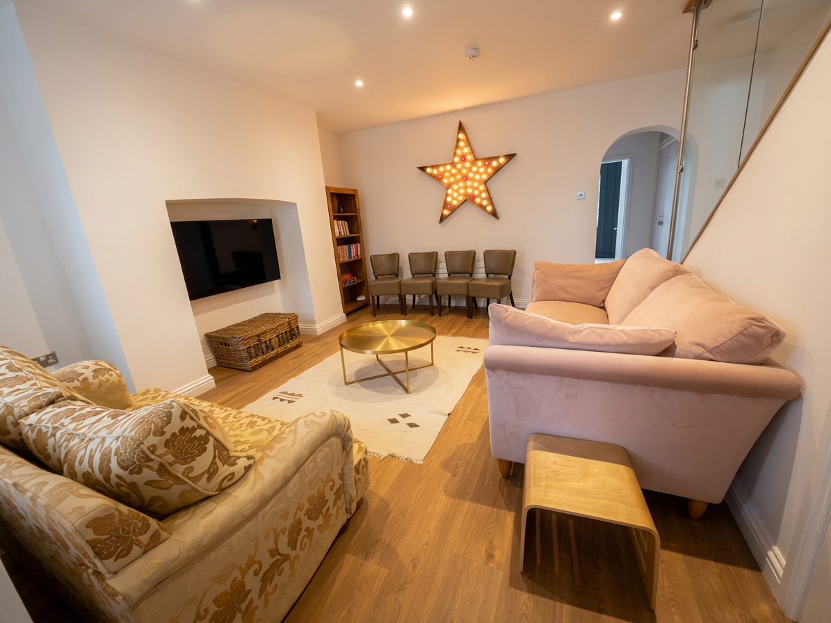 Hastings House snug with pink velvet sofa and illuminated star