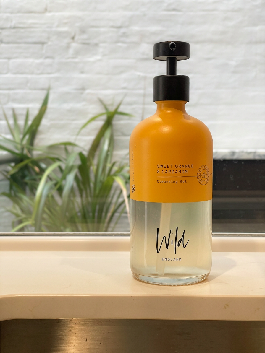 Wild England Sweet Orange and Cardamom cleansing gel — provided in every bathroom