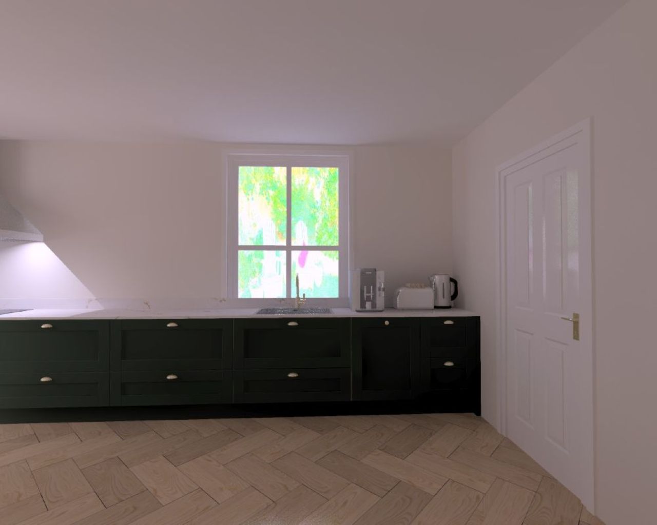 Hastings House new kitchen with dark green cabinetry and herringbone floor